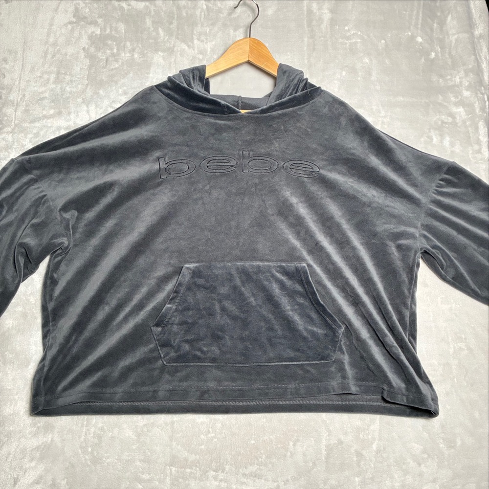 Bebe Sport Womens Velour Hoodie Charcoal Gray Embroidered Logo Plus Size 3X